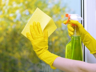 Hands with spray cleaning the window