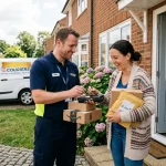 What You Need To Know Before Pursuing Courier Jobs In Essex (2026 Guide) A cheerful interaction where a female customer signs a digital scanner presented by a uniformed courier on a residential doorstep.