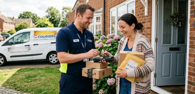 A cheerful interaction where a female customer signs a digital scanner presented by a uniformed courier on a residential doorstep.