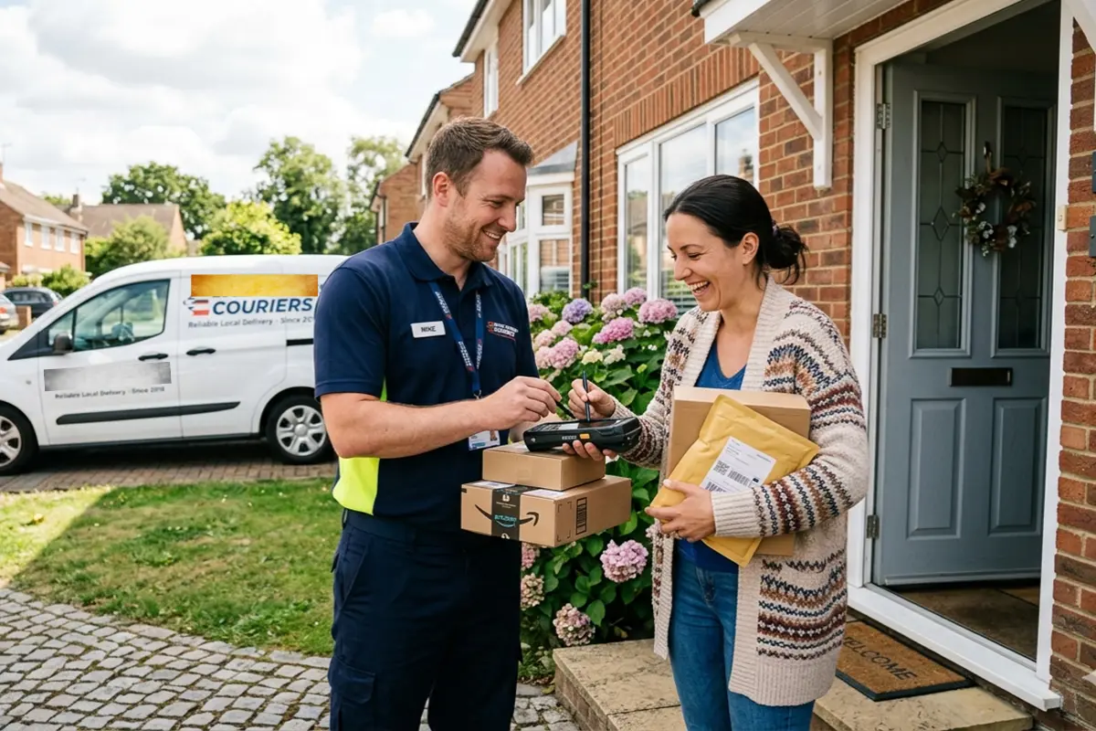 Courier delivering packages to a customer in Essex for a local delivery job.