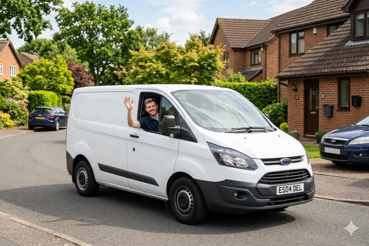 A friendly delivery driver waving from a white van in an Essex residential neighborhood.