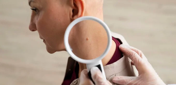 The doctor is examining the patient for skin cancer. After examining, he will recommend skin cancer treatment.