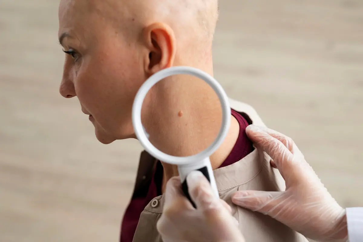 The doctor is examining the patient for skin cancer. After examining, he will recommend skin cancer treatment. 