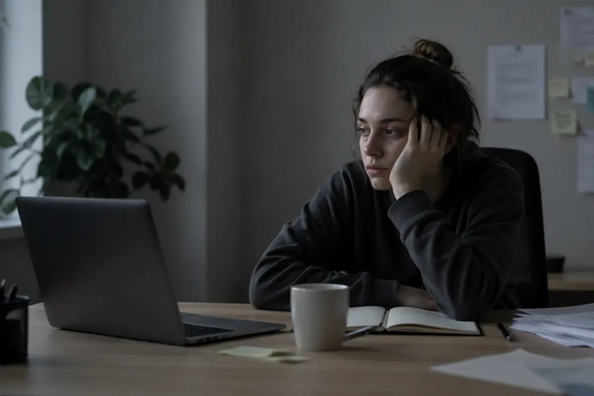 A woman sitting at desk looking exhausted showing signs of burnout from chronic workplace stress