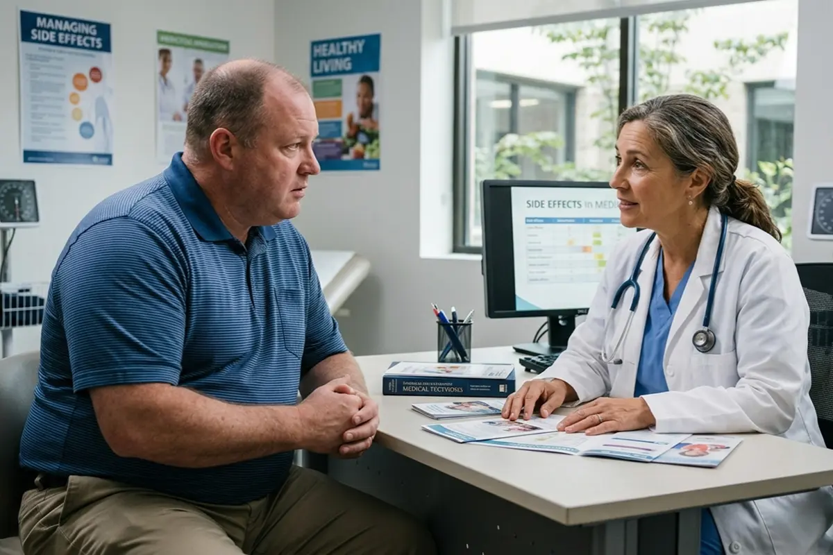 A medical doctor discusses the potential side effects of weight loss medication with a male patient in a hospital clinic setting.