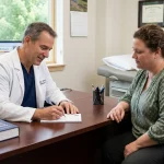Physician consulting with a patient in a medical clinic, actively writing a prescription during a weight management plan discussion.