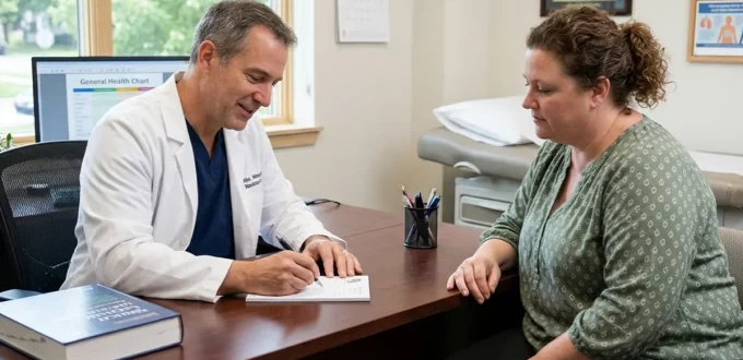 Physician consulting with a patient in a medical clinic, actively writing a prescription during a weight management plan discussion.