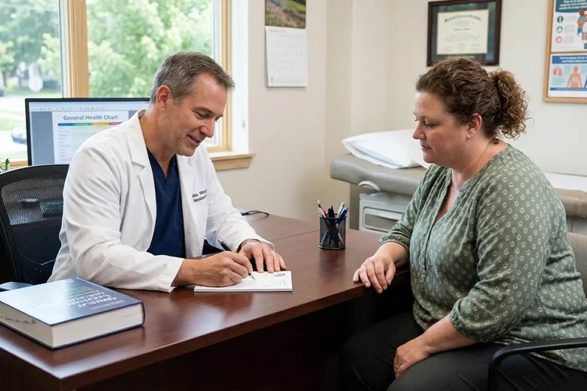 Physician consulting with a patient in a medical clinic, actively writing a prescription during a weight management plan discussion.