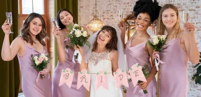 A joyful group of friends celebrating a health-conscious bachelorette party with friends.