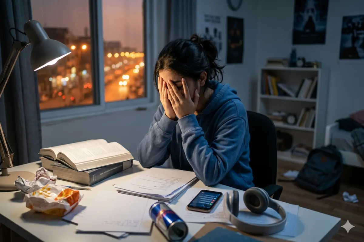 An exhausted teenage girl sits hunched over a cluttered desk at night, showing symptoms of 'stress' with schoolwork, unread notifications, and an empty energy drink.