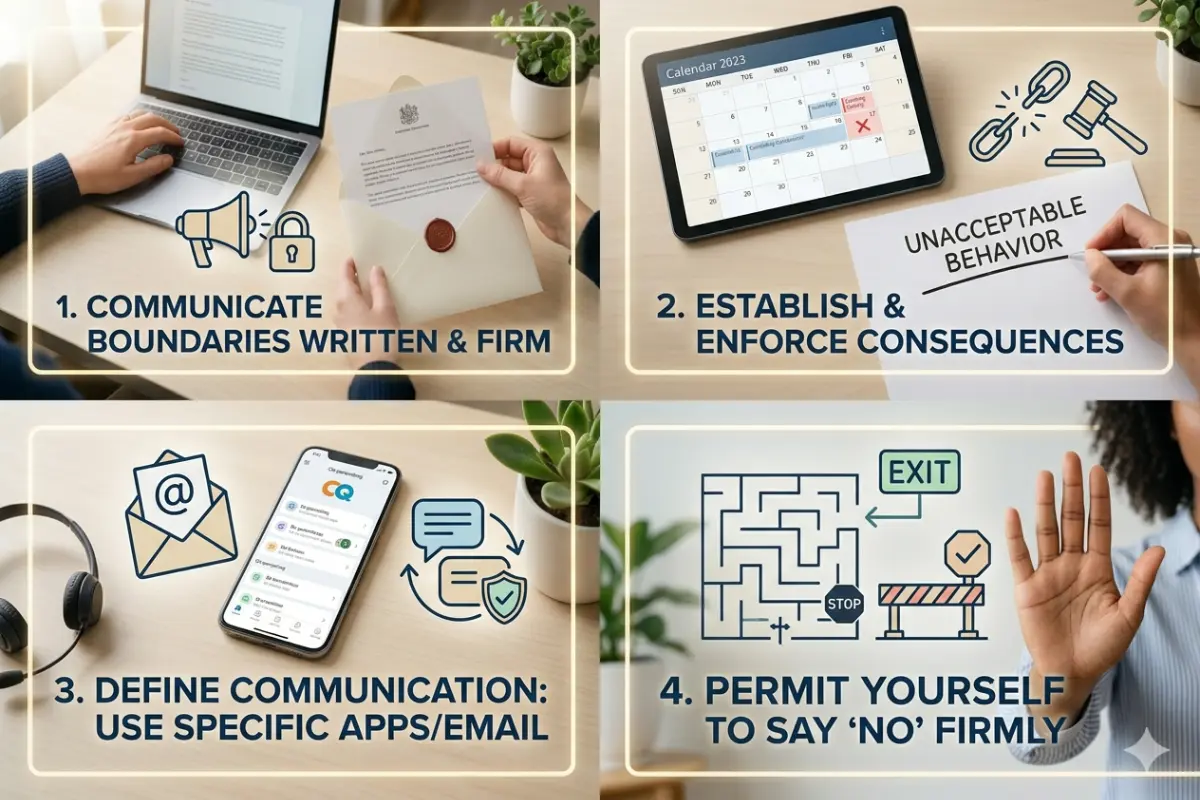 A graphic showing four panels illustrating tips for setting boundaries: writing and communicating boundaries, establishing consequences, defining communication methods, and permitting saying no.
