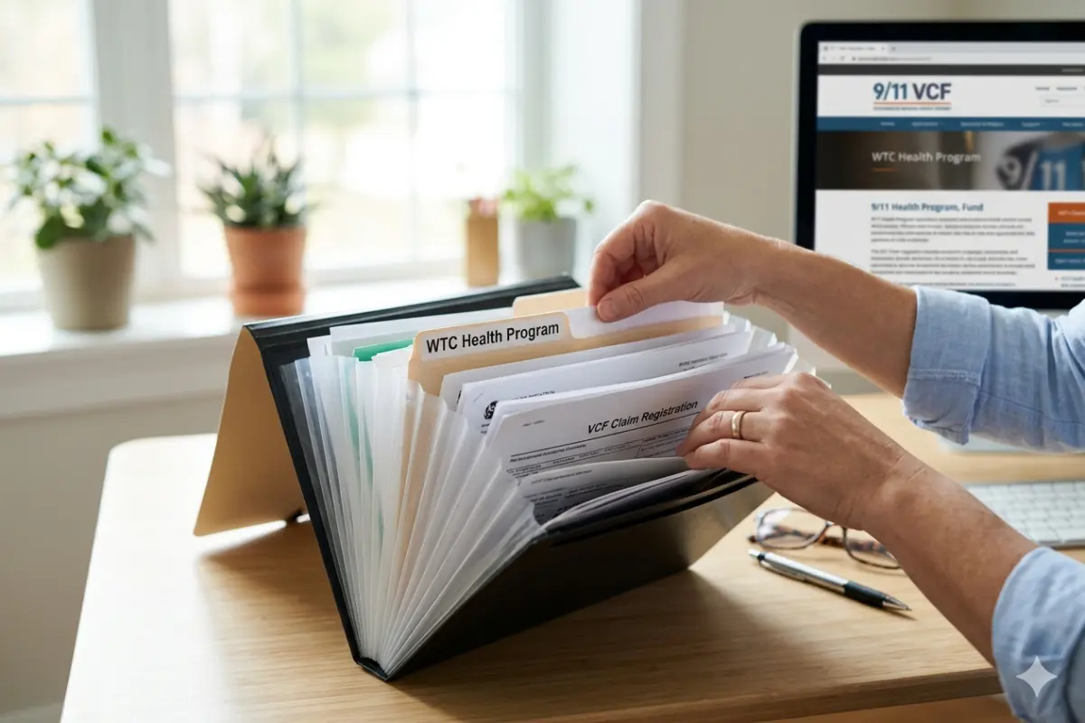A close-up of hands organizing papers into an accordion folder with tabs labeled 'WTC Health Program' and 'VCF Claim Registration'.