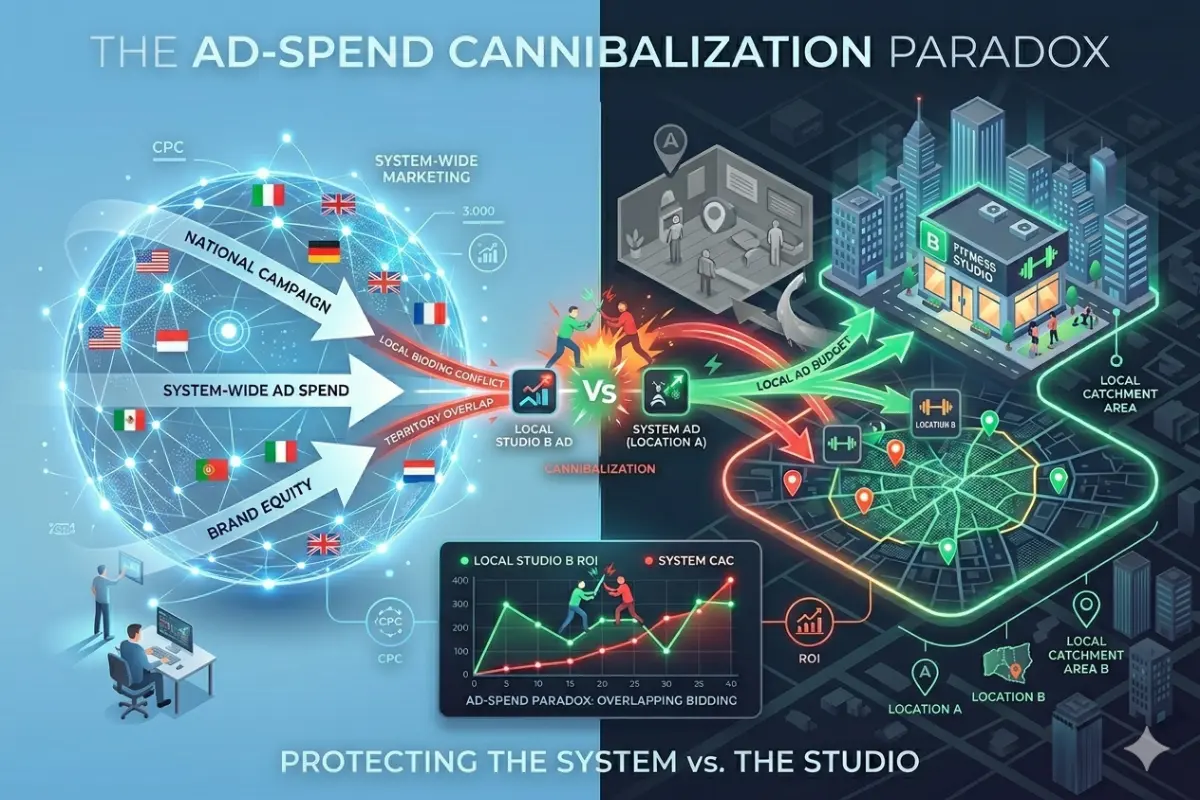 A modern isometric infographic titled "THE AD-SPEND CANNIBALIZATION PARADOX" with the corrected text: THE AD-SPEND CANNIBALIZATION PARADOX, illustrating conflicting ad strategies where local studio ads battle national system ads.