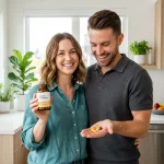 How Your Body Uses Different Types of Nutrients A smiling couple in a modern kitchen, with a woman holding a bottle of vitamins and a man showing several nutrient tablets in his hand, illustrating how your body uses different types of nutrients.