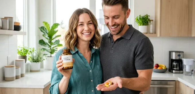 A smiling couple in a modern kitchen, with a woman holding a bottle of vitamins and a man showing several nutrient tablets in his hand, illustrating how your body uses different types of nutrients.