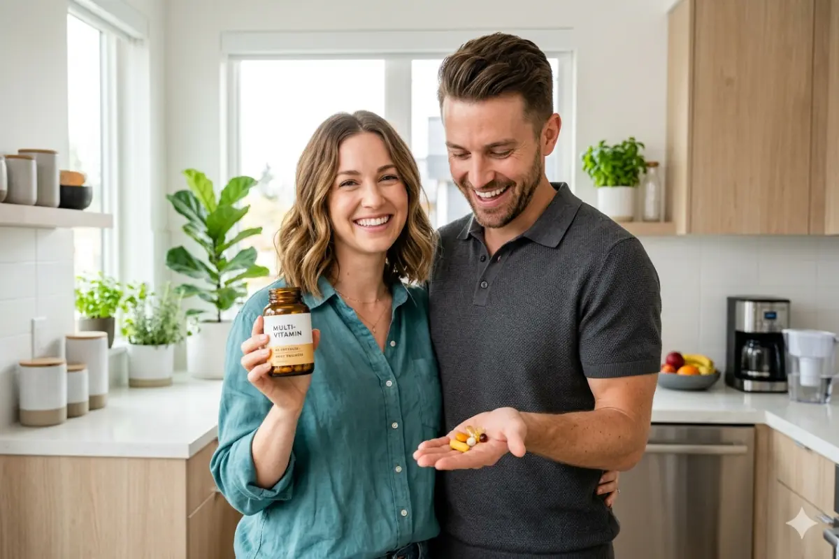 A smiling couple in a modern kitchen, with a woman holding a bottle of vitamins and a man showing several nutrient tablets in his hand, illustrating how your body uses different types of nutrients.