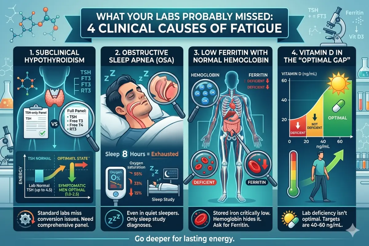 4 Clinical Causes of Fatigue" with four columns: Subclinical Hypothyroidism (full panel vs. TSH-only), Obstructive Sleep Apnea (airway blockage and sleep study data), Low Ferritin (iron deficiency vs. normal hemoglobin), and Vitamin D (deficient vs. optimal 40-60 ng/mL levels).