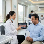 Female dentist showing a male patient smile makeover results on a digital tablet in a clean, modern dental clinic.