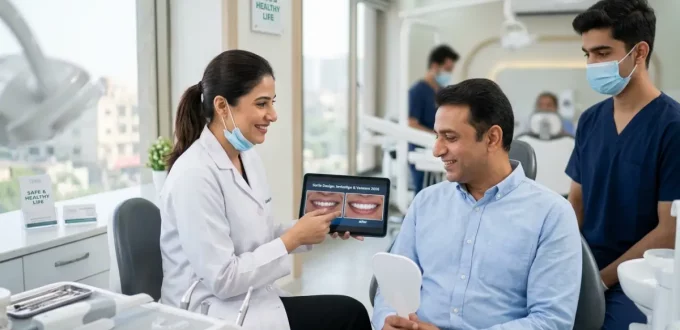 Female dentist showing a male patient smile makeover results on a digital tablet in a clean, modern dental clinic.
