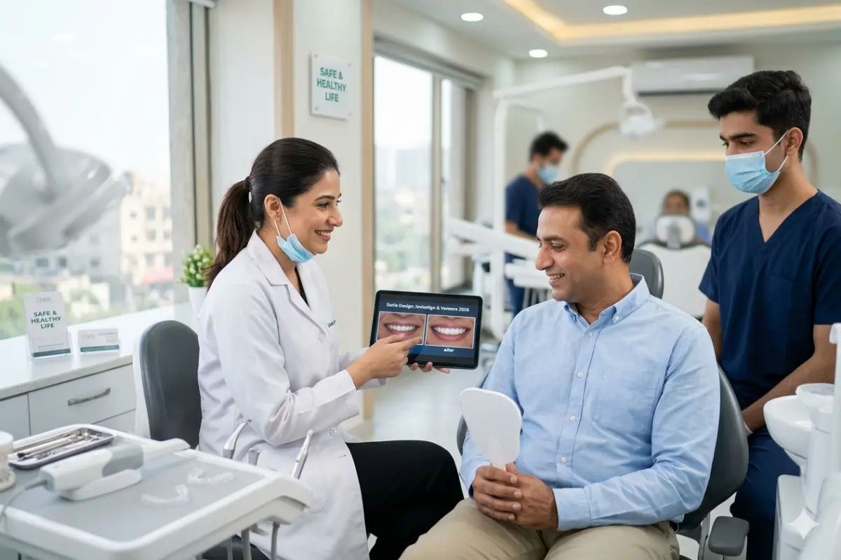 Female dentist showing a male patient smile makeover results on a digital tablet in a clean, modern dental clinic.