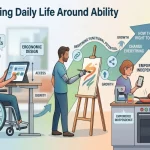 Designing Daily Life Around Ability" showing diverse individuals using assistive technologies like adaptive interfaces, prosthetics, and smart devices to achieve "Empowered Independence." A large arrow paths from left to right, culminating in a star labeled "Unlocking Potential.