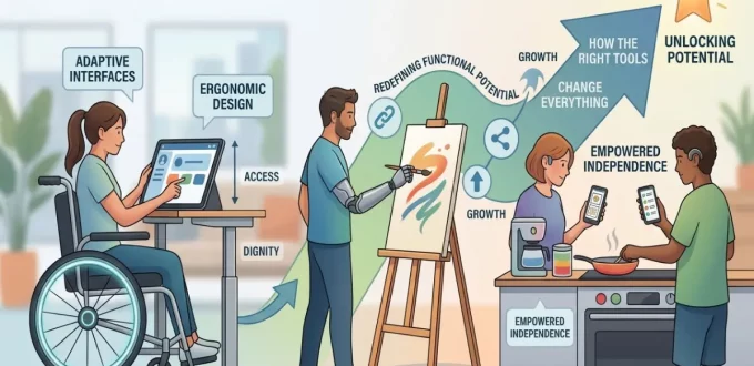 Designing Daily Life Around Ability" showing diverse individuals using assistive technologies like adaptive interfaces, prosthetics, and smart devices to achieve "Empowered Independence." A large arrow paths from left to right, culminating in a star labeled "Unlocking Potential.