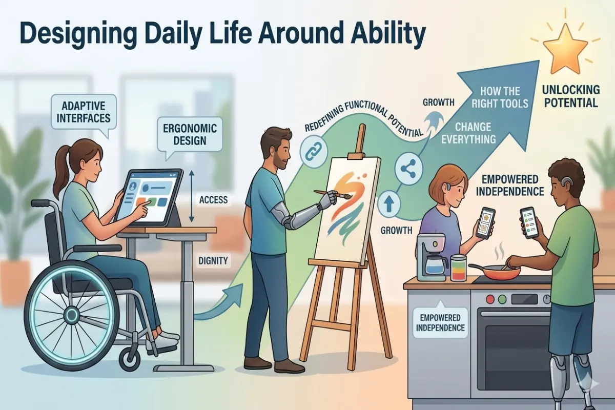 Designing Daily Life Around Ability" showing diverse individuals using assistive technologies like adaptive interfaces, prosthetics, and smart devices to achieve "Empowered Independence." A large arrow paths from left to right, culminating in a star labeled "Unlocking Potential.