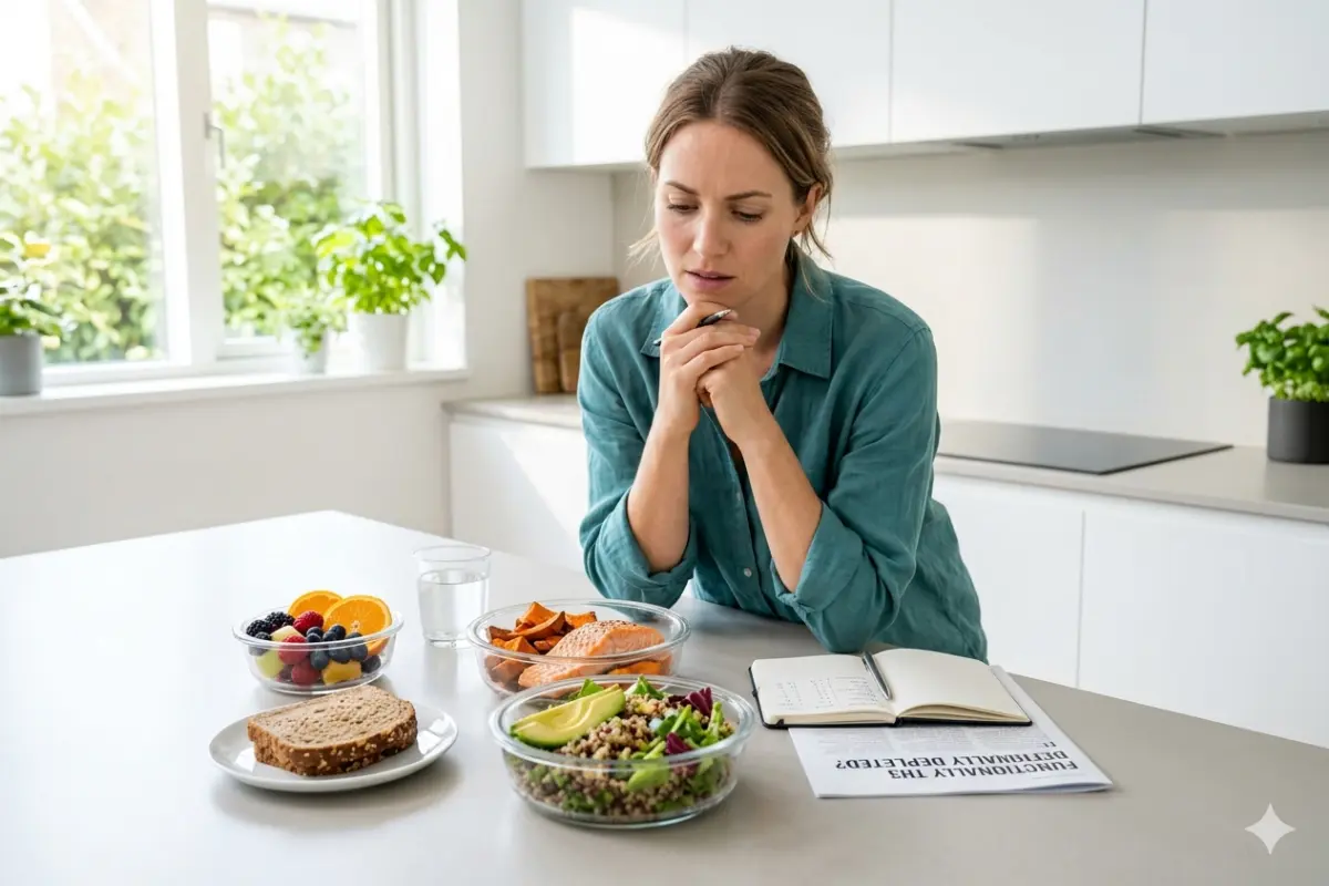 A thoughtful woman sitting in a modern kitchen looking over a balanced meal of salmon, avocado salad, and sweet potatoes, tracking her nutrition while considering nutrient absorption challenges.