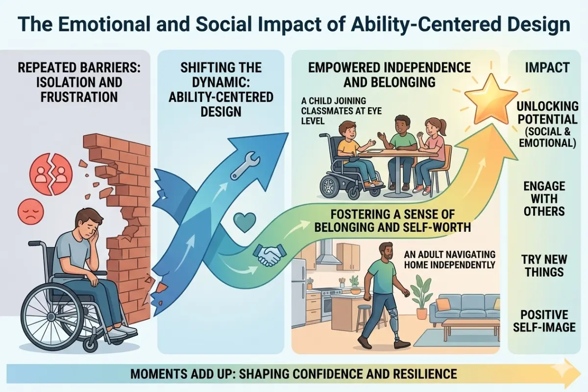 Designing Daily Life Around Ability" with diverse individuals using assistive technology, including an adaptive interface on a desk, a bionic arm for painting, and smart devices for kitchen independence. A central, upwards-pointing blue arrow illustrates a path of "Redefining Functional Potential" to "Empowered Independence" and "Growth," leading to a golden star labeled "Unlocking Potential.