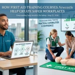 How First Aid Training Courses Newcastle Help Create Safer Workplaces A split-screen illustration showing a man studying first aid theory on a laptop and two women practicing hands-on CPR with a manikin and AED kit in a modern office, featuring the headline 'How First Aid Training Courses Newcastle Help Create Safer Workplaces'.