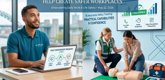 A split-screen illustration showing a man studying first aid theory on a laptop and two women practicing hands-on CPR with a manikin and AED kit in a modern office, featuring the headline 'How First Aid Training Courses Newcastle Help Create Safer Workplaces'.