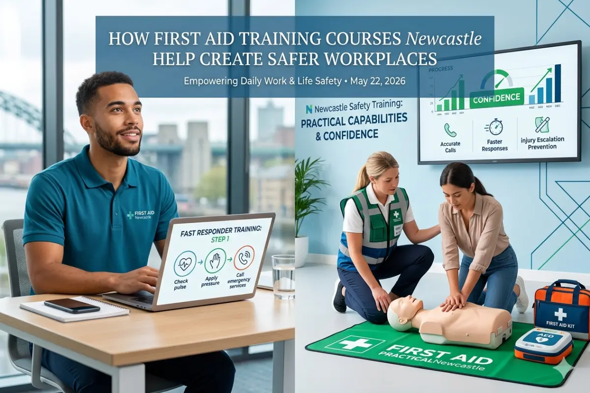 A split-screen illustration showing a man studying first aid theory on a laptop and two women practicing hands-on CPR with a manikin and AED kit in a modern office, featuring the headline 'How First Aid Training Courses Newcastle Help Create Safer Workplaces'.