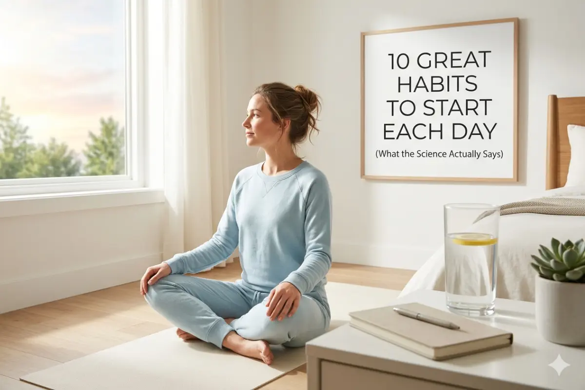 A woman sitting cross-legged on a yoga mat in a sunlit bedroom, looking out a large window during a morning routine. On a nearby nightstand sits a tall glass of lemon water, a journal, and a pen. A framed sign on the wall reads "10 Great Habits to Start Each Day."