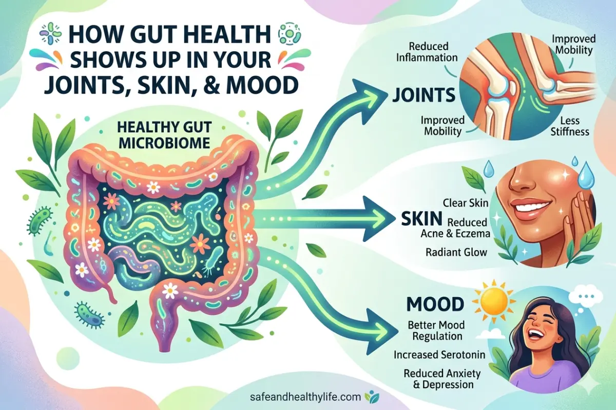 Infographic showing benefits of a healthy gut microbiome: improved joint mobility and reduced inflammation; clear, radiant skin; and better mood regulation with increased serotonin and reduced anxiety.