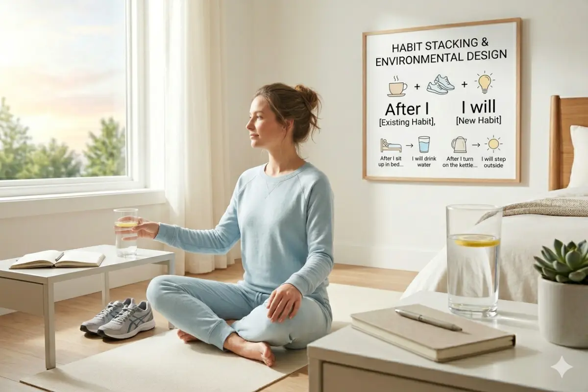 A woman in blue loungewear sits on a yoga mat in a sunlit bedroom, picking up a glass of water next to her running shoes. On the wall, a framed infographic titled "Habit Stacking & Environmental Design" explains the "After I [Existing Habit], I will [New Habit]" formula with clean icons.