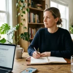 A thoughtful woman at a desk writes in a notebook with 'MY BOUNDARIES' visible, next to a laptop displaying 'BOUNDARY CHECKLIST' and a phone with a co-parenting app logo, in a well-lit home office.