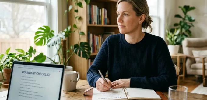 A thoughtful woman at a desk writes in a notebook with 'MY BOUNDARIES' visible, next to a laptop displaying 'BOUNDARY CHECKLIST' and a phone with a co-parenting app logo, in a well-lit home office.
