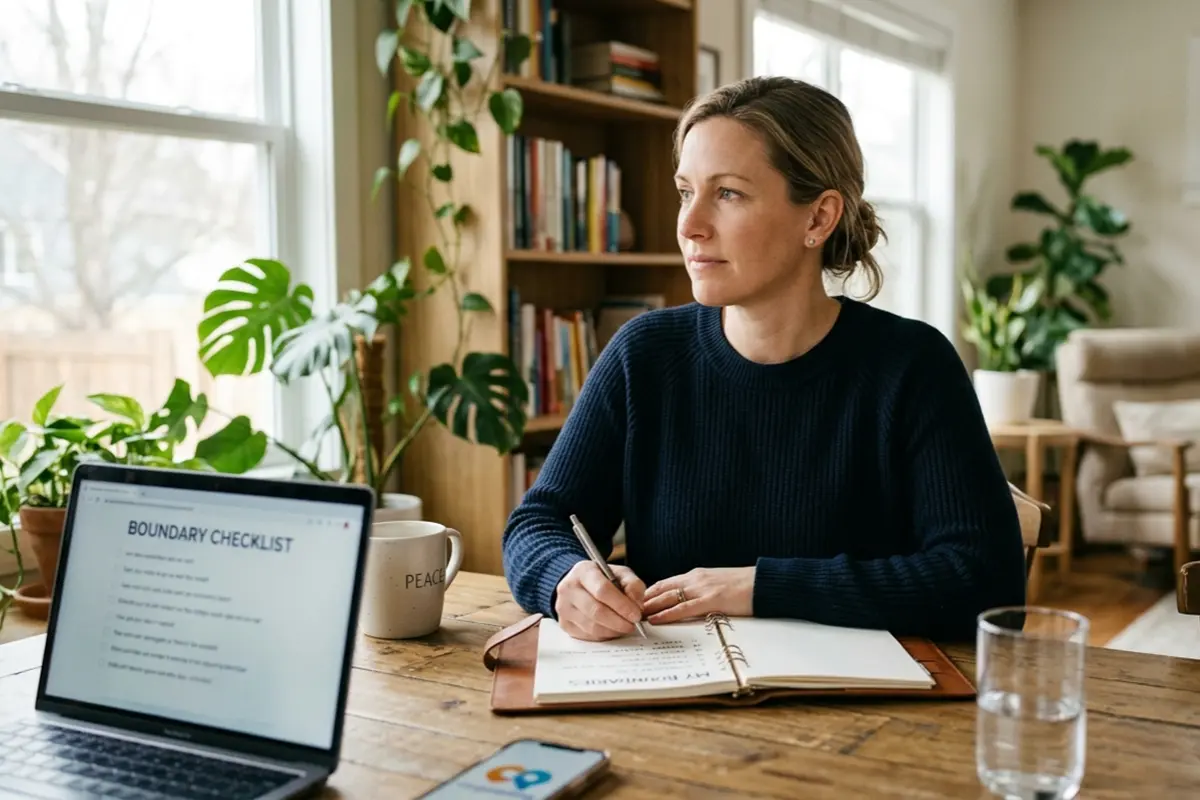 A thoughtful woman at a desk writes in a notebook with 'MY BOUNDARIES' visible, next to a laptop displaying 'BOUNDARY CHECKLIST' and a phone with a co-parenting app logo, in a well-lit home office.