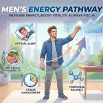 How Men Can Increase Their Energy Men's Energy Pathway' showing a man in a home office tracking an upward-trending energy chart. Surrounded by four icons representing 'Optimal Sleep', 'Metabolic Flexibility', 'Stress Management', and 'Hormonal Balance.