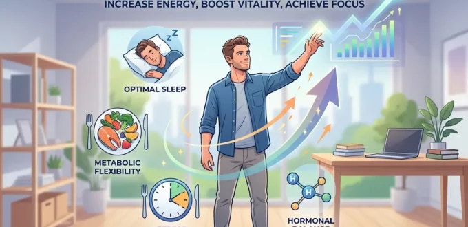 Men's Energy Pathway' showing a man in a home office tracking an upward-trending energy chart. Surrounded by four icons representing 'Optimal Sleep', 'Metabolic Flexibility', 'Stress Management', and 'Hormonal Balance.