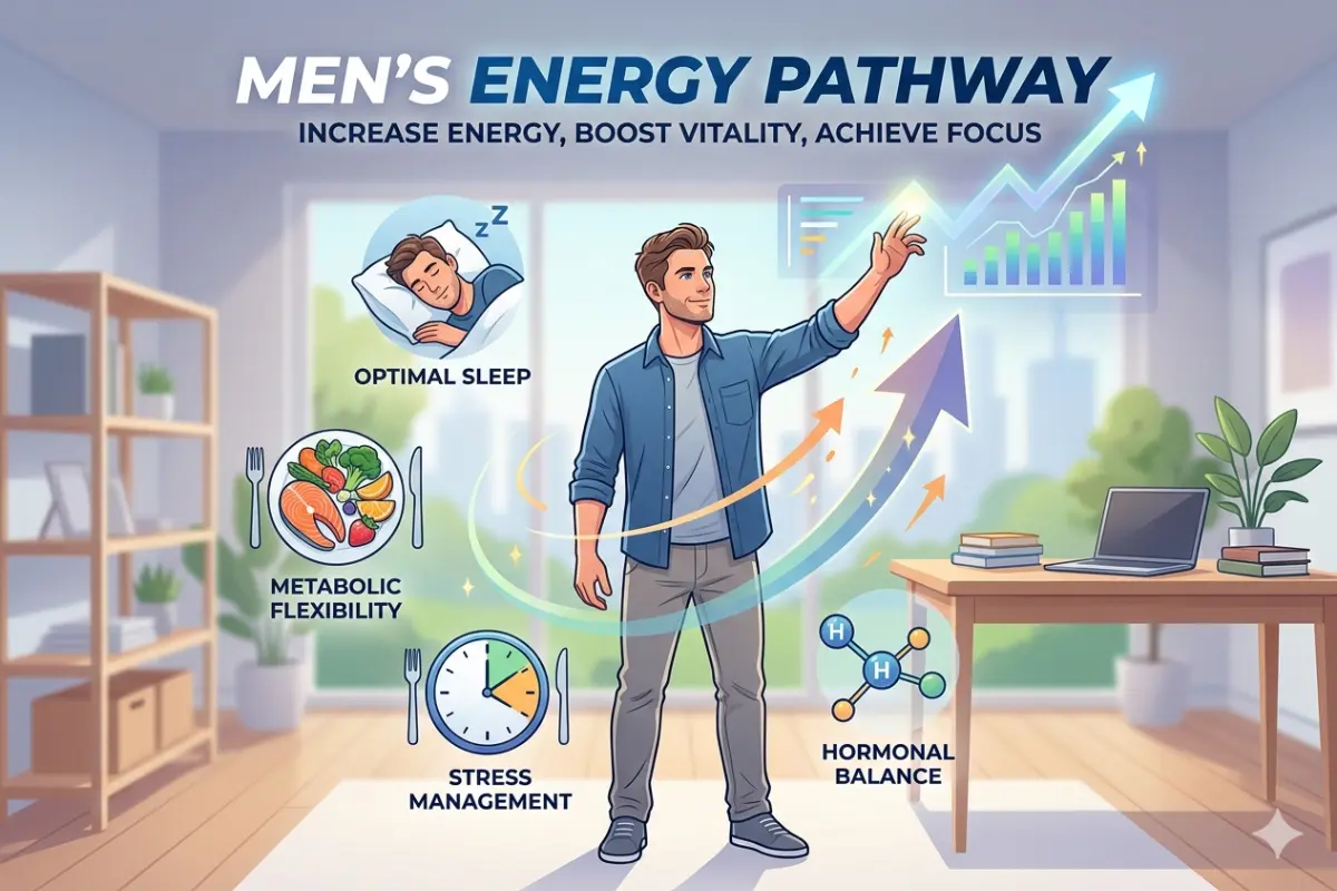 Men's Energy Pathway' showing a man in a home office tracking an upward-trending energy chart. Surrounded by four icons representing 'Optimal Sleep', 'Metabolic Flexibility', 'Stress Management', and 'Hormonal Balance.