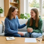 A mother and teenage daughter sit smiling and talking together on a sofa in a bright living room, illustrating a supportive and connected moment to help manage teen stress.