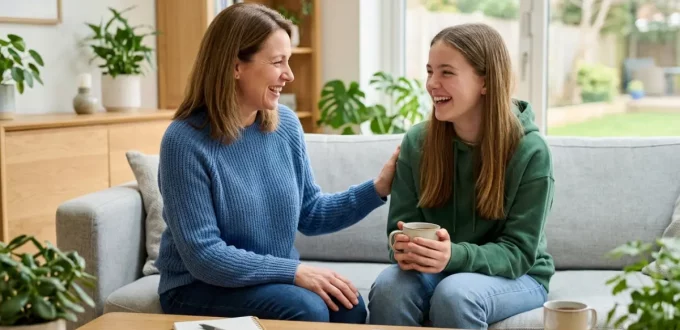 A mother and teenage daughter sit smiling and talking together on a sofa in a bright living room, illustrating a supportive and connected moment to help manage teen stress.