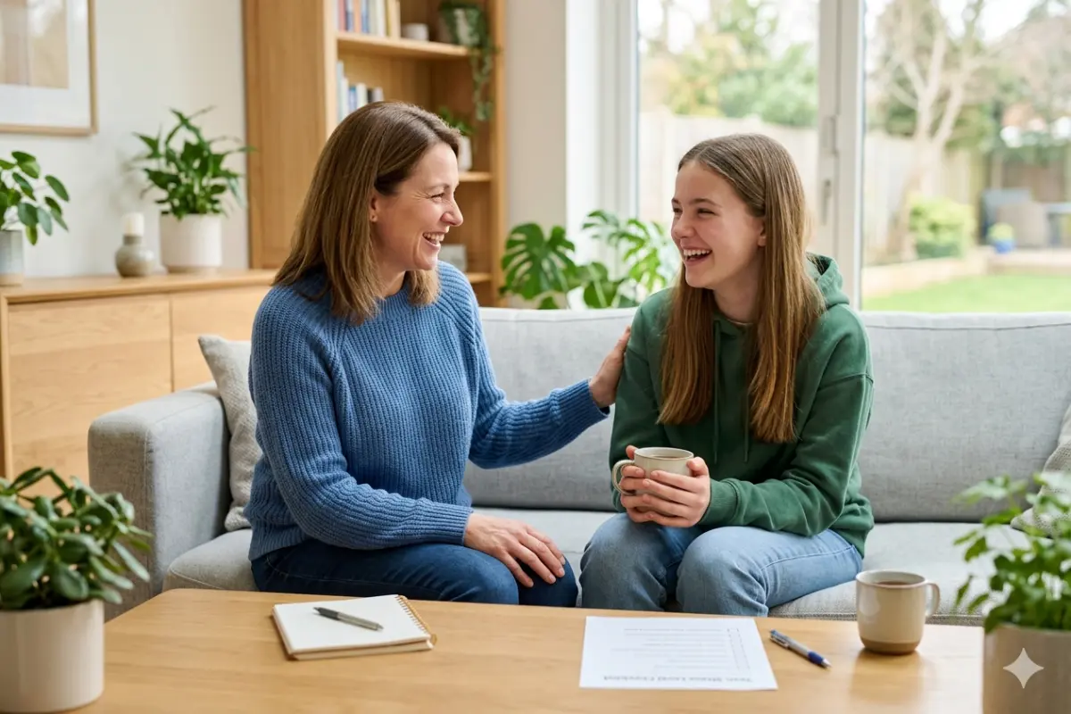 A mother and teenage daughter sit smiling and talking together on a sofa in a bright living room, illustrating a supportive and connected moment to help manage teen stress.