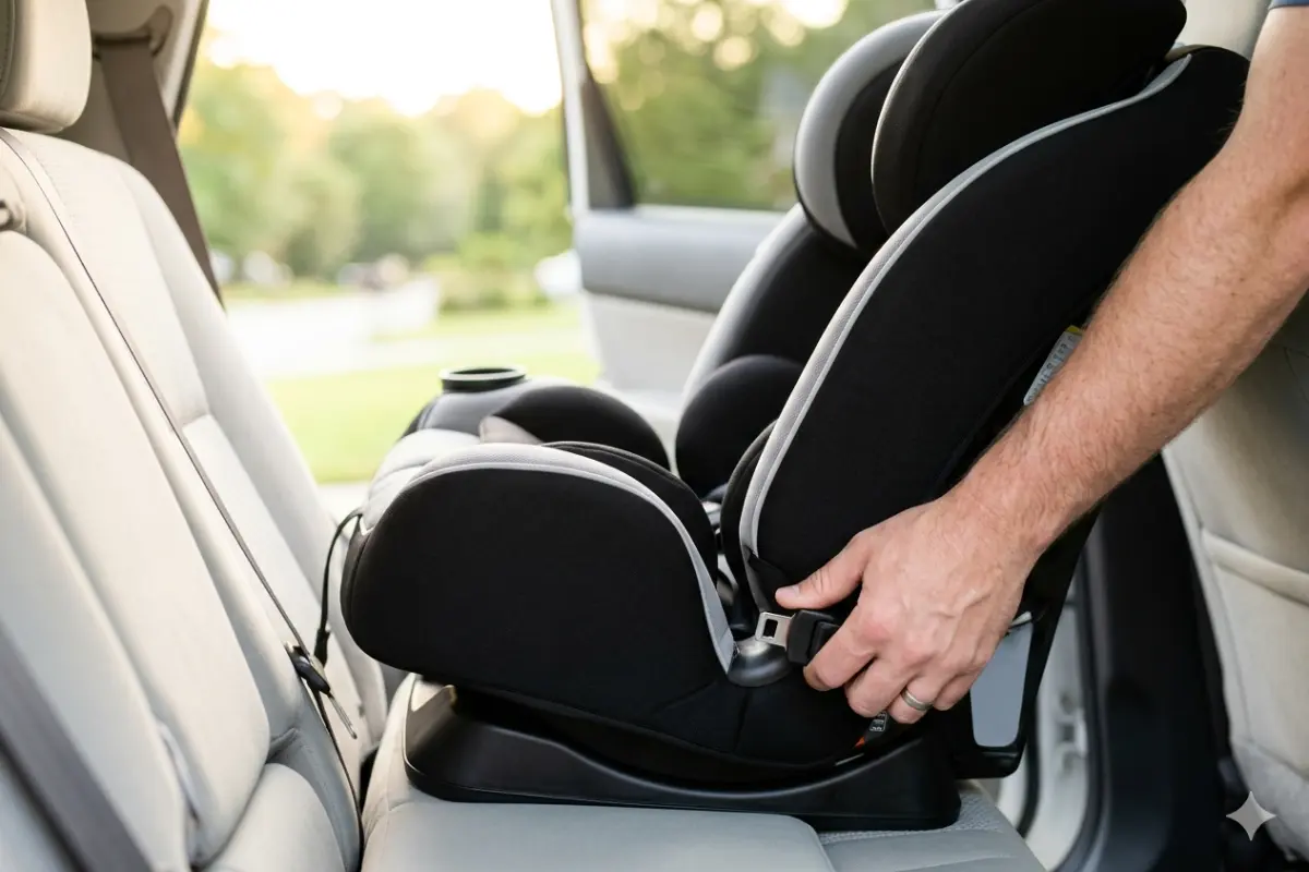 A detailed close-up showing a father's hands clicking the LATCH connectors to securely install a new replacement toddler car seat.