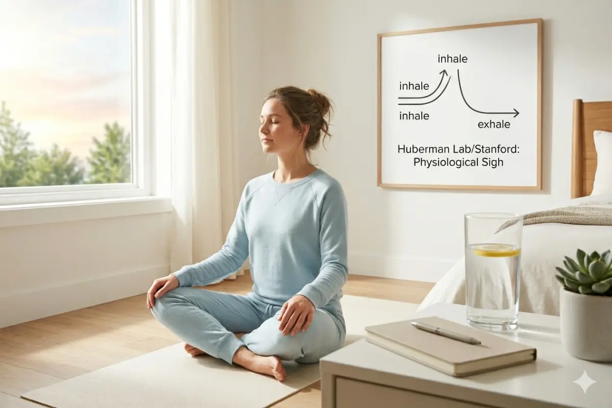 A woman in blue loungewear sits meditatively by a sunlit window. On the wall, a framed diagram illustrates a double inhale and long exhale, with text citing the "Huberman Lab/Stanford: Physiological Sigh."