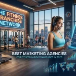 A modern gym interior in 2026 featuring a digital marketing specialist tracking global franchise performance on a holographic tablet, with gym members exercising in the background.