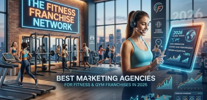 A modern gym interior in 2026 featuring a digital marketing specialist tracking global franchise performance on a holographic tablet, with gym members exercising in the background.