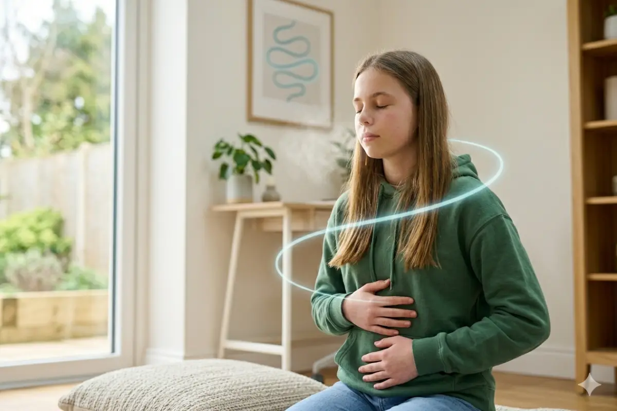 A teen girl is focused deep breathing with her hands on her abdomen to illustrate the technique.