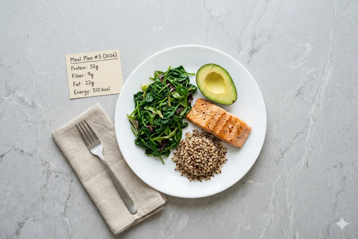 Balanced personalized nutrition plate with salmon, greens, and whole grains for metabolic health.